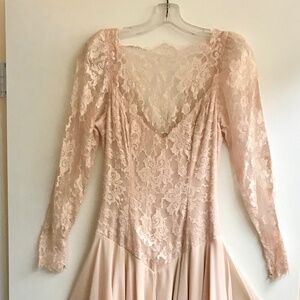 1980s Pale Salmon Color Lace and Handkerchief Hemmed Dress